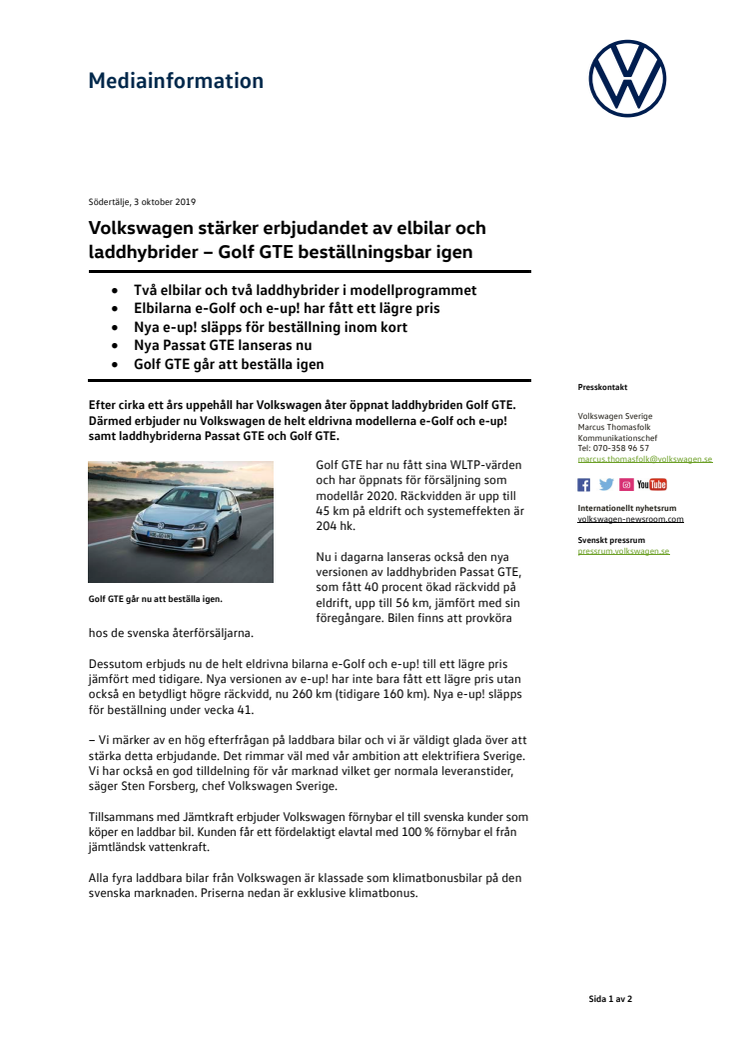 Volkswagen stärker erbjudandet av elbilar och laddhybrider – Golf GTE beställningsbar igen