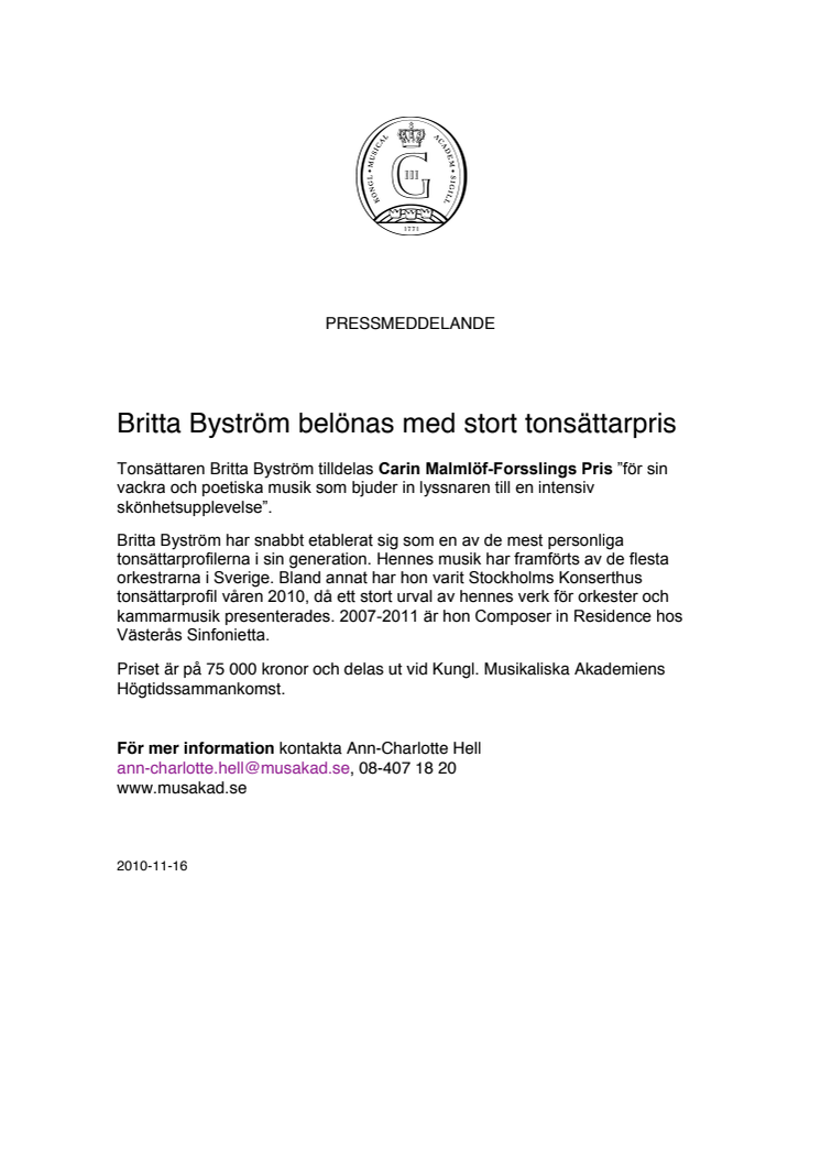 Britta Byström belönas med stort tonsättarpris