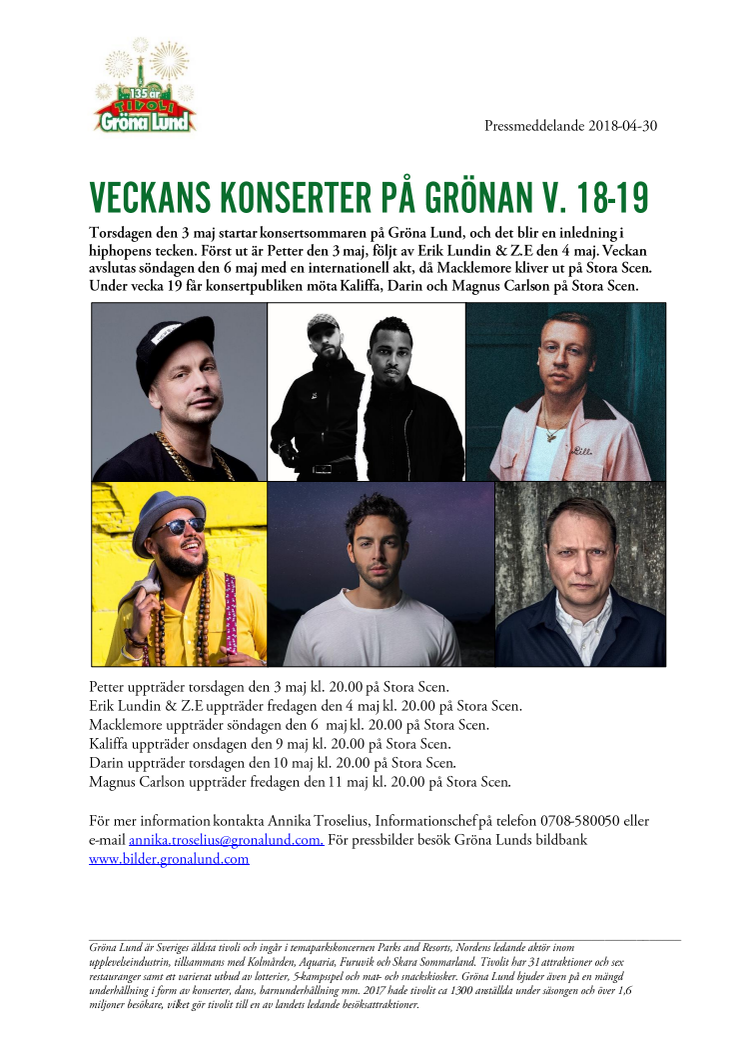 Veckans konserter på Grönan V. 18-19