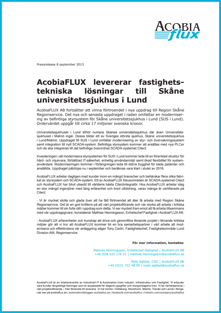 AcobiaFLUX levererar fastighetstekniska lösningar till Skånes universitetssjukhus i Lund