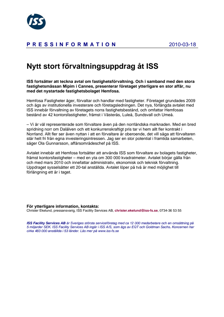 Nytt stort förvaltningsuppdrag åt ISS