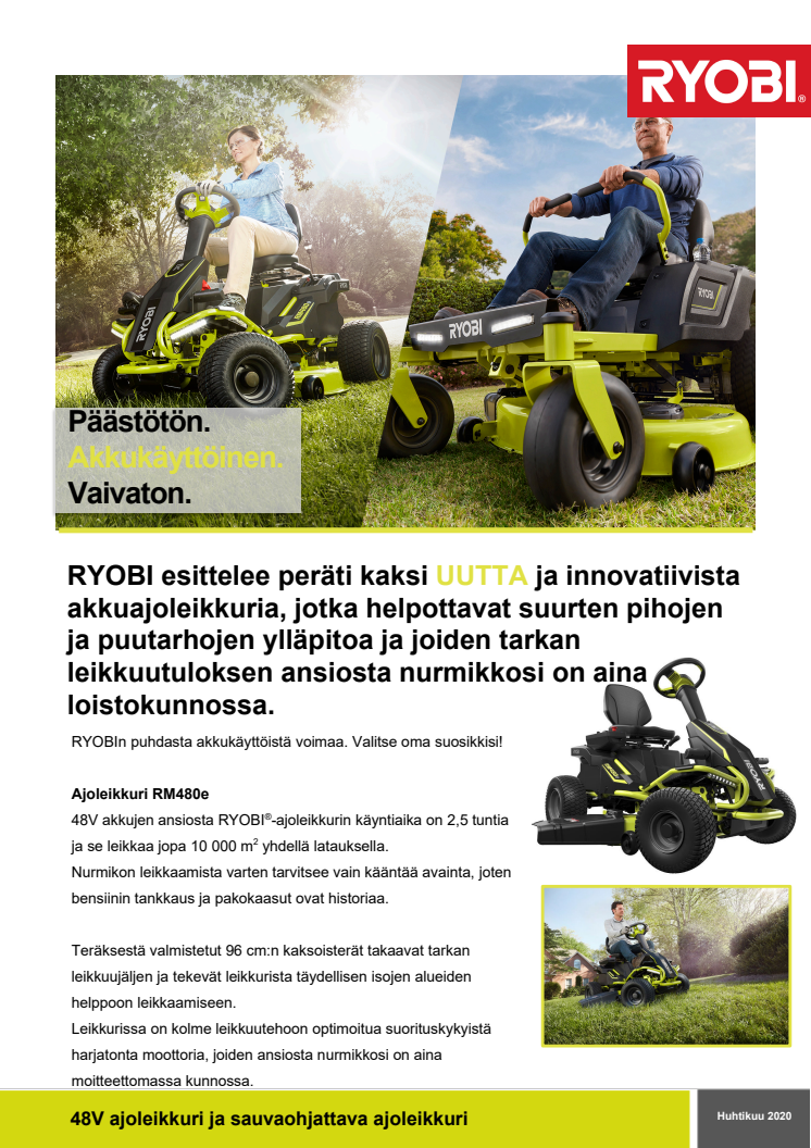 RYOBI esittelee peräti kaksi UUTTA ja innovatiivista akkuajoleikkuria