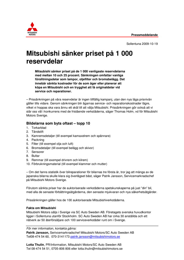Mitsubishi sänker priset på 1000 reservdelar