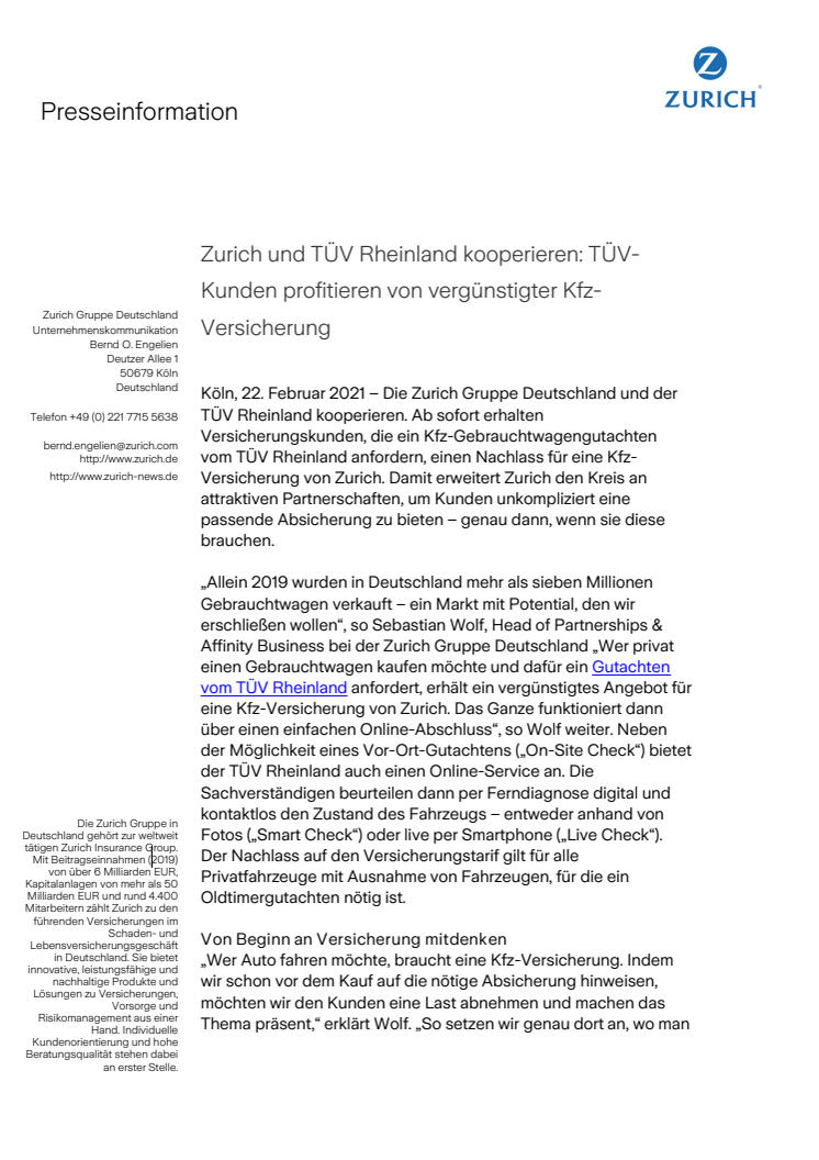Zurich und TÜV Rheinland kooperieren: TÜV-Kunden profitieren von vergünstigter Kfz-Versicherung 