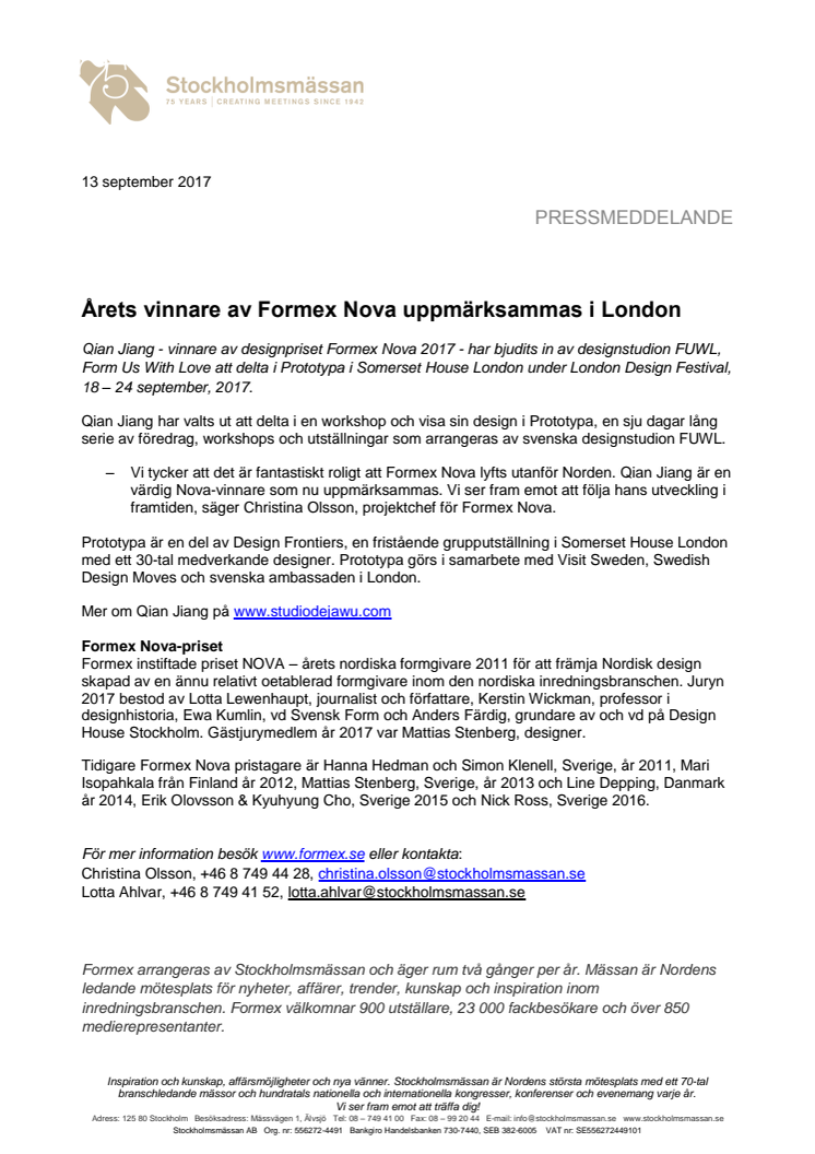 Årets vinnare av Formex Nova uppmärksammas i London