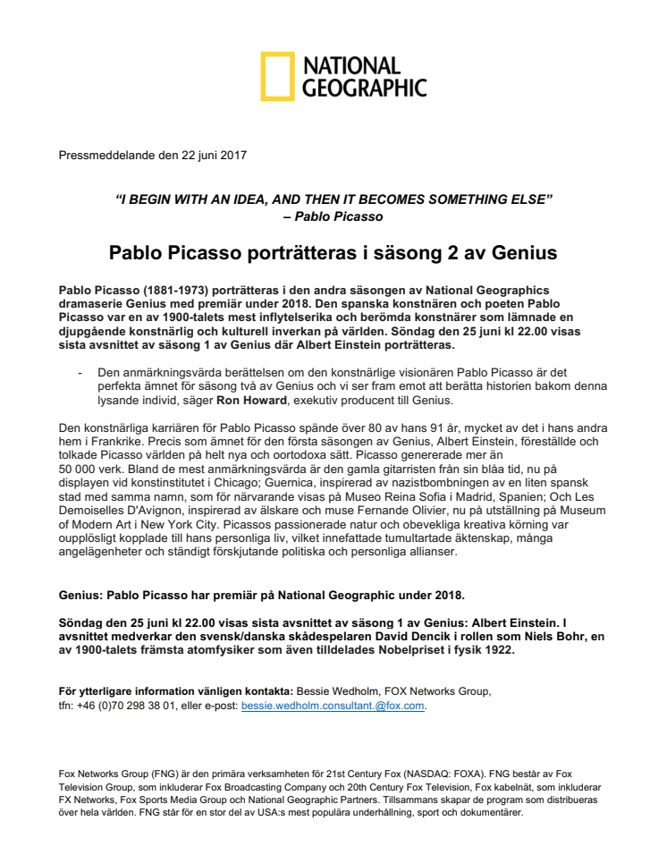 ​Pablo Picasso porträtteras i säsong 2 av Genius