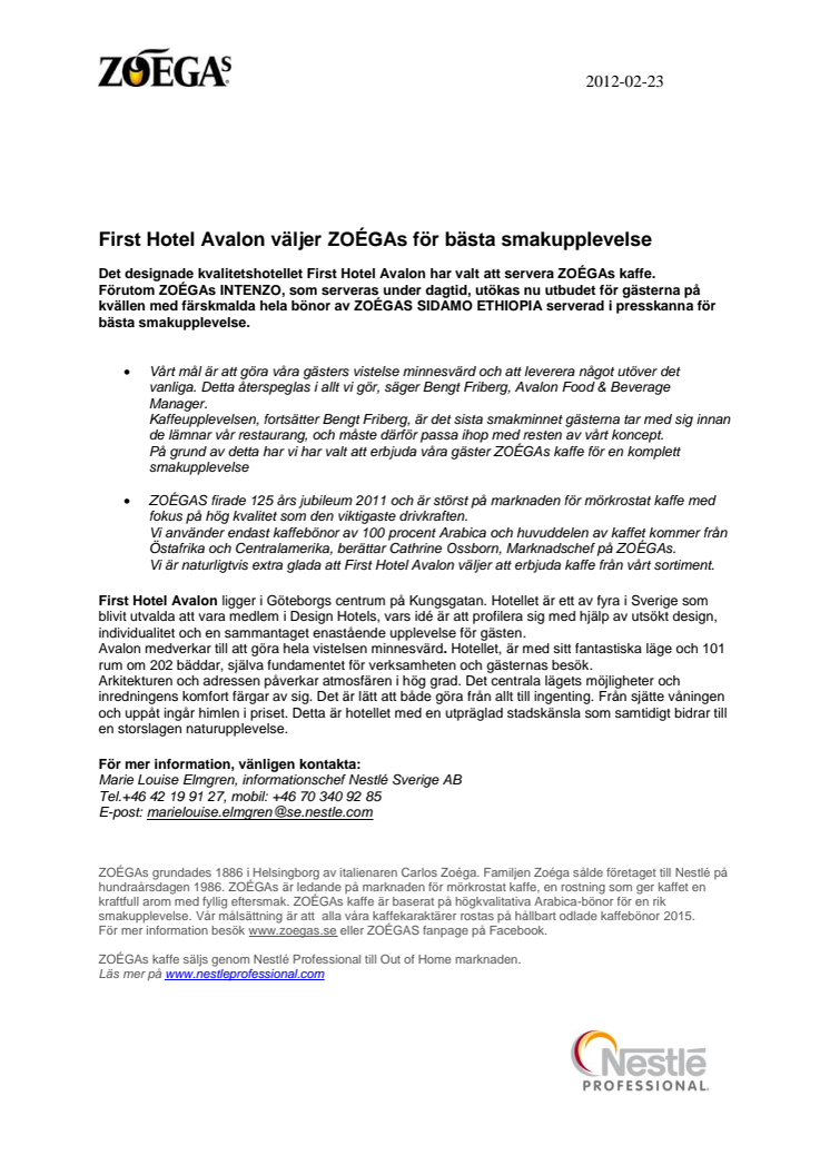 First Hotel Avalon väljer ZOÉGAs för bästa smakupplevelse 