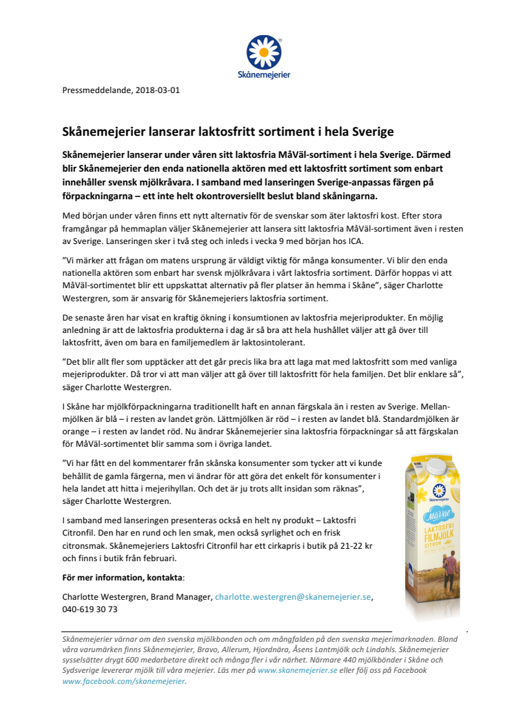 Skånemejerier lanserar laktosfritt sortiment i hela Sverige