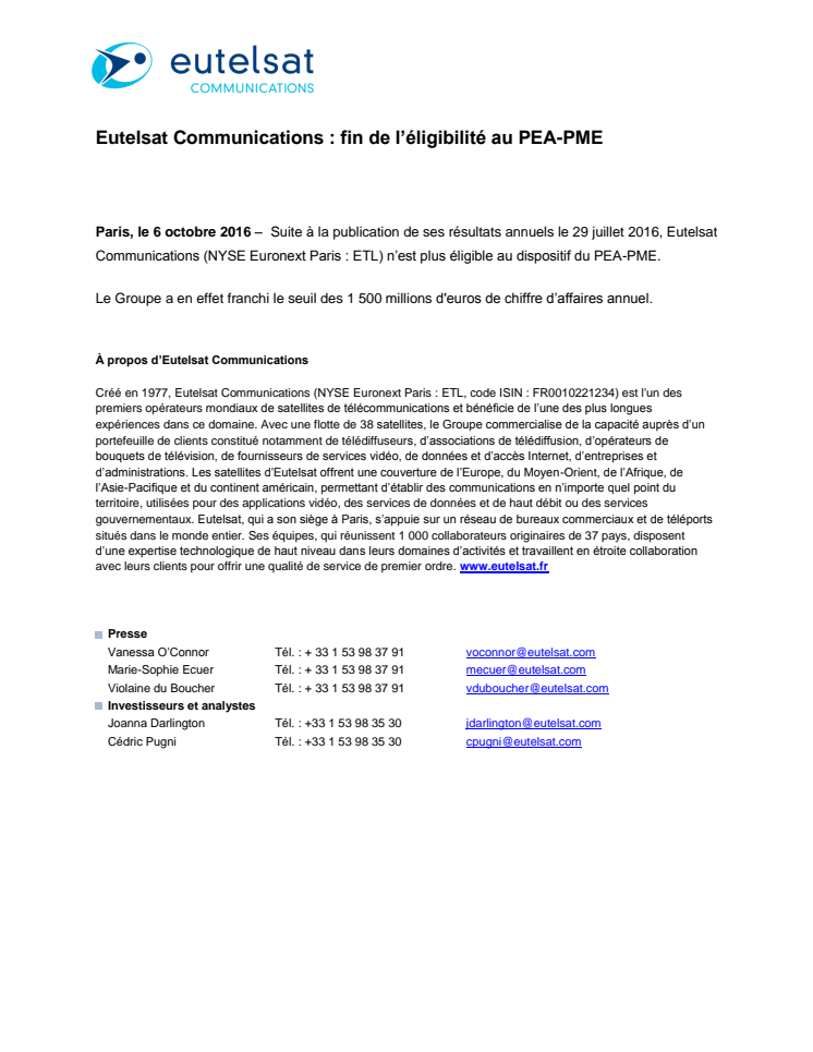Eutelsat Communications : fin de l’éligibilité au PEA-PME