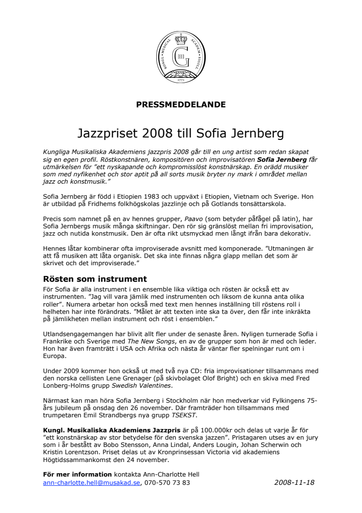 Jazzpriset 2008 till Sofia Jernberg