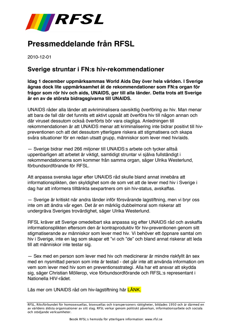 Sverige struntar i FN:s hiv-rekommendationer