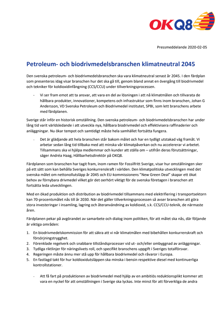 Petroleum- och biodrivmedelsbranschen klimatneutral 2045