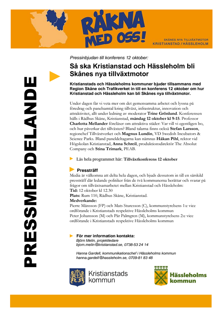 Pressinbjudan 12 oktober: Kristianstad-Hässleholm som tillväxtmotor