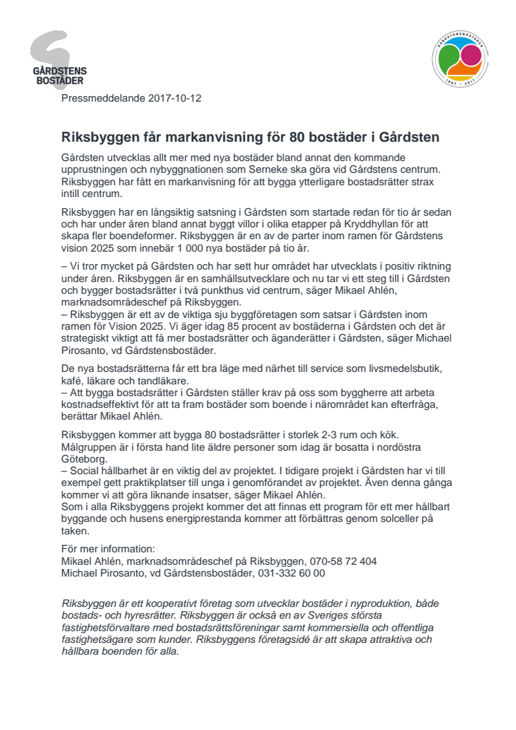 Riksbyggen får markanvisning för 80 bostäder i Gårdsten