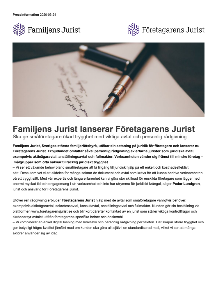 Familjens Jurist lanserar Företagarens Jurist