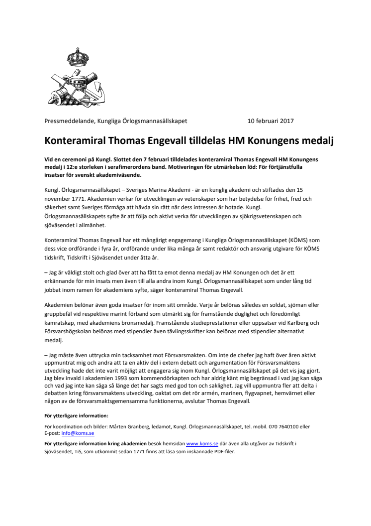 Konteramiral Thomas Engevall tilldelas HM Konungens medalj