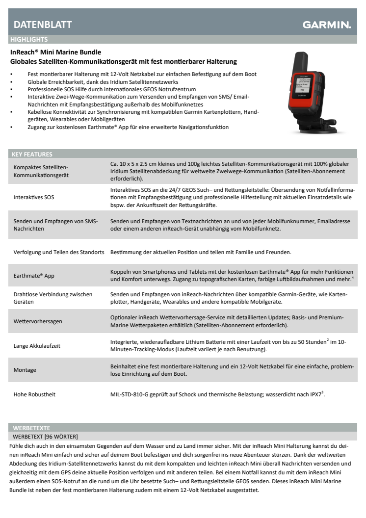 Datenblatt Garmin InReach Mini Marine Bundle