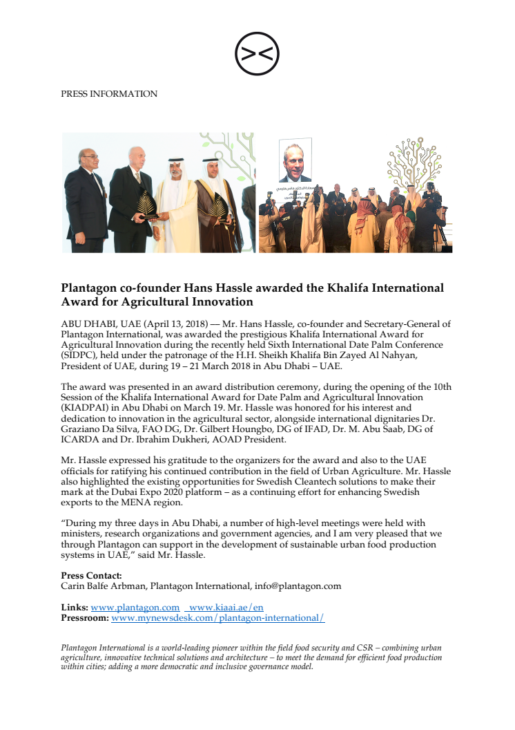  Hans Hassle, Plantagon, awarded the Khalifa International Award for Agricultural Innovation