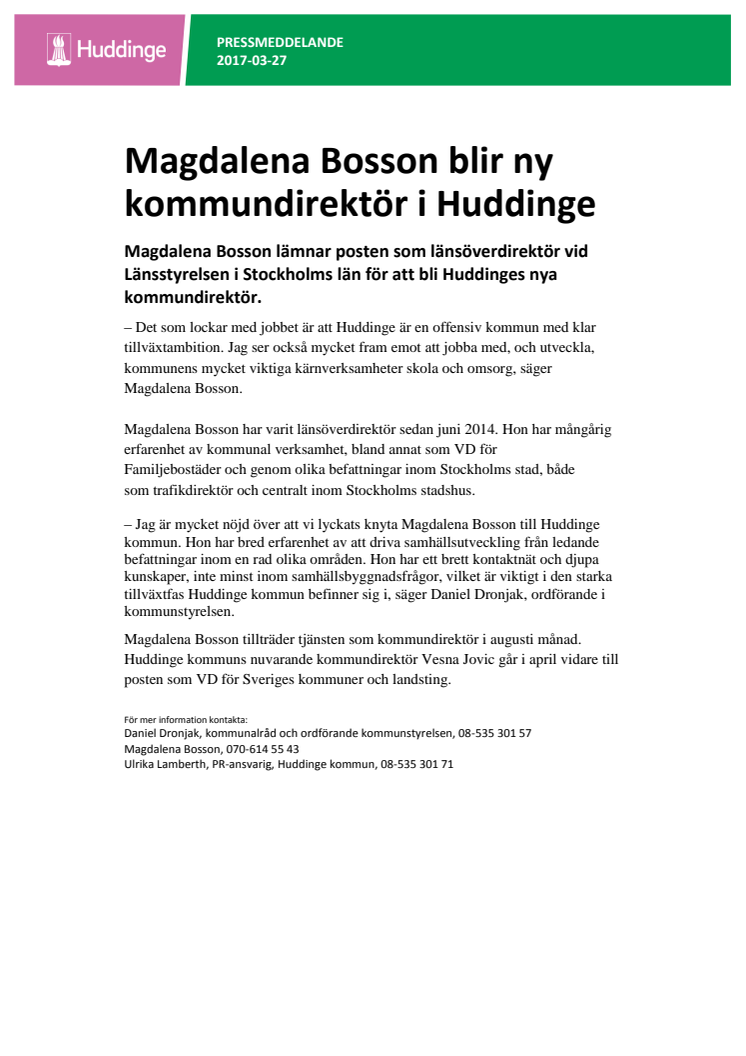 Magdalena Bosson blir ny kommundirektör i Huddinge