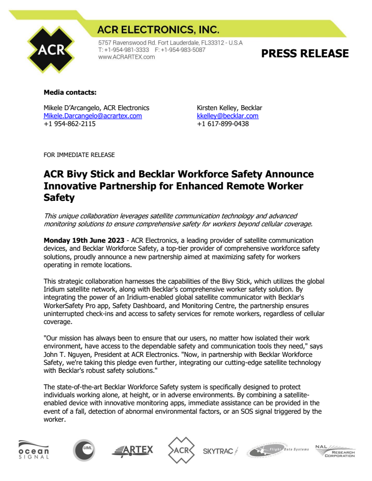June 19 2023 - ACR Bivy Stick and Becklar Workforce Safety Announce Innovative Partnership.pdf