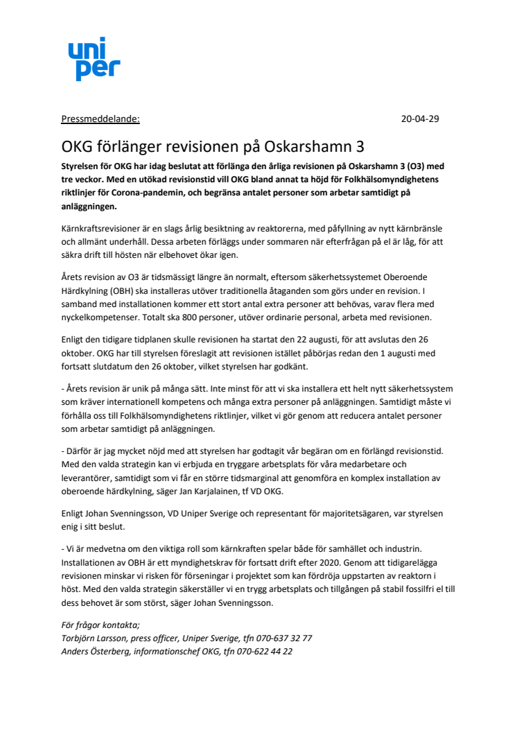 OKG förlänger årets revision på Oskarshamn 3