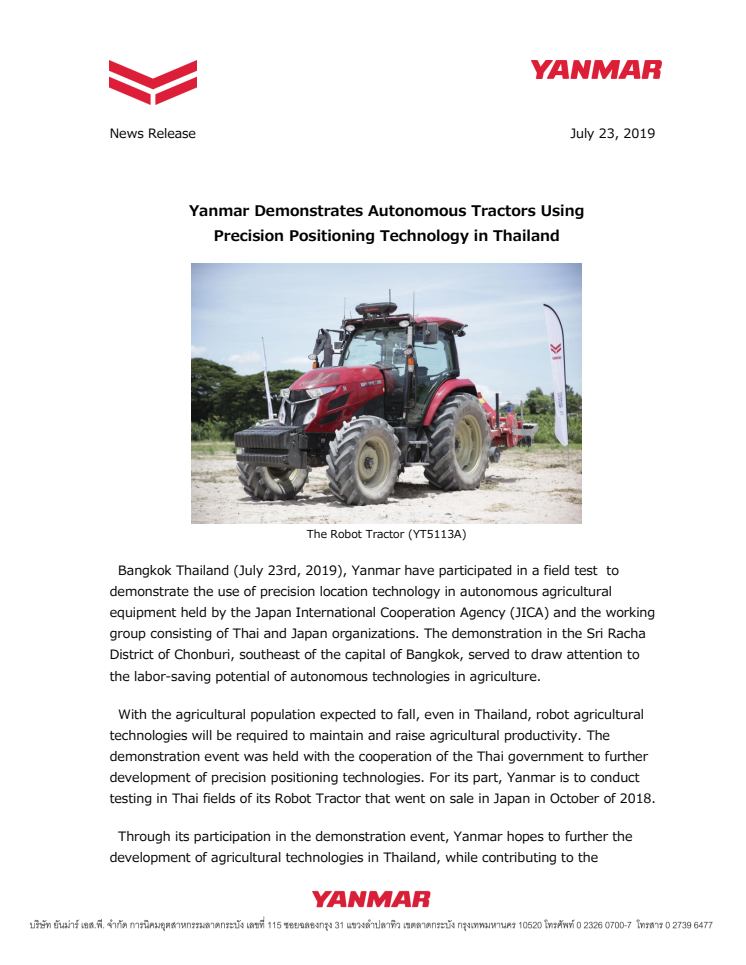 Yanmar Demonstrates Autonomous Tractors Using  Precision Positioning Technology in Thailand