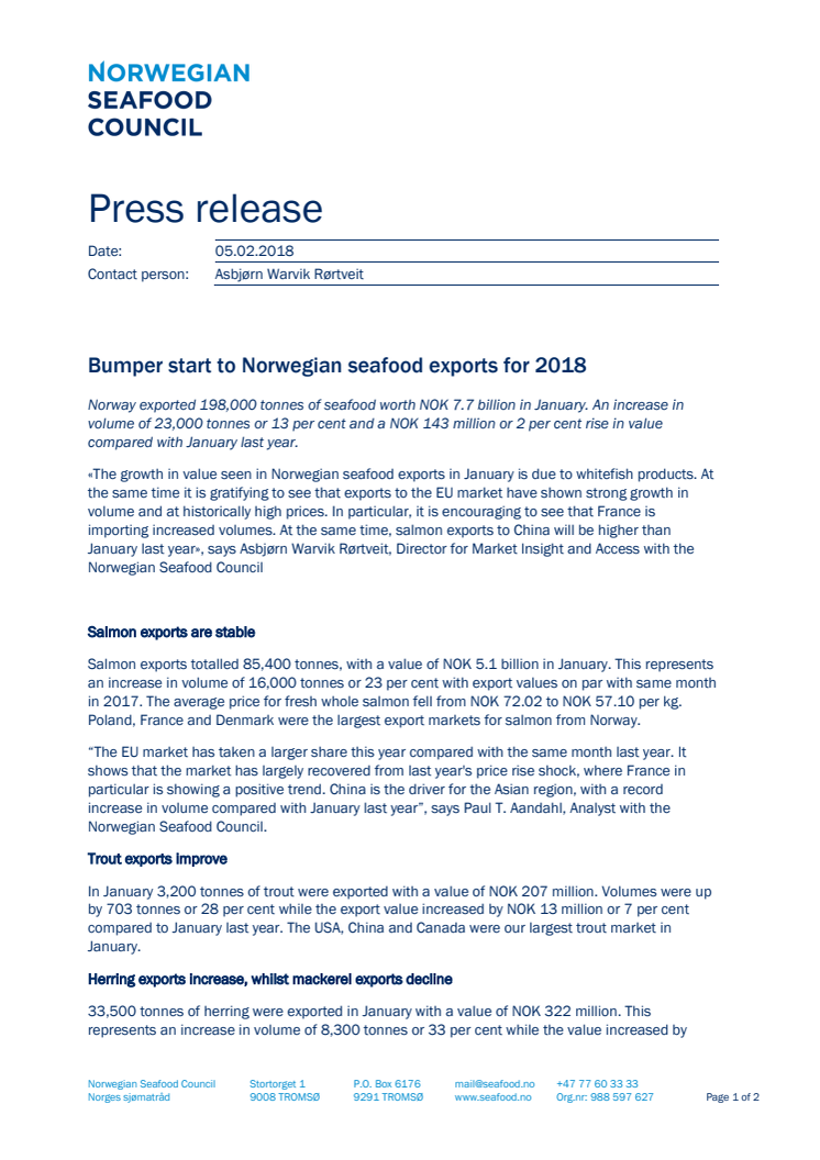 Bumper start to Norwegian seafood exports for 2018