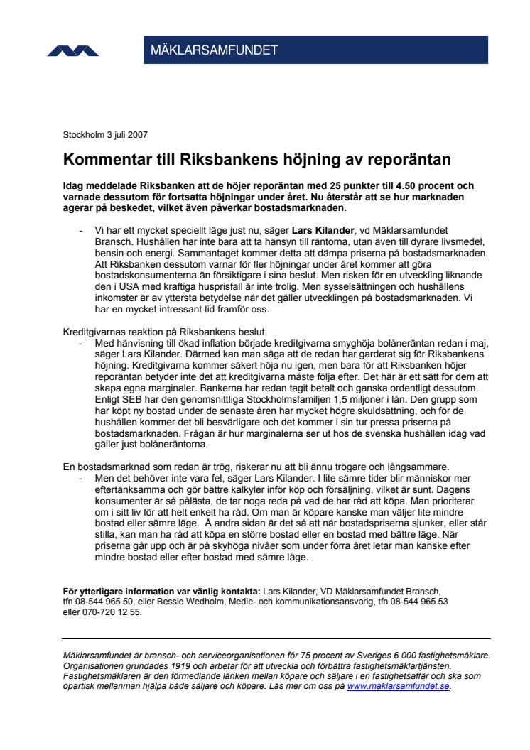 Kommentar till Riksbankens höjning av reporäntan