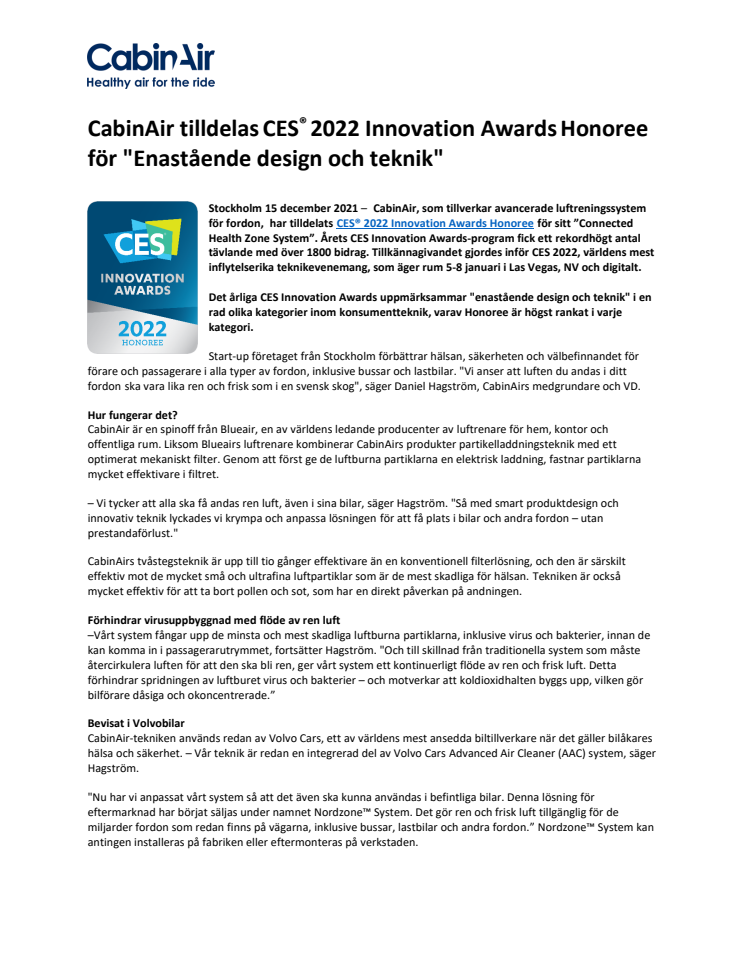 Svenska CabinAir tilldelas CES® 2022 Innovation Awards Honoree för "Enastående design och teknik"