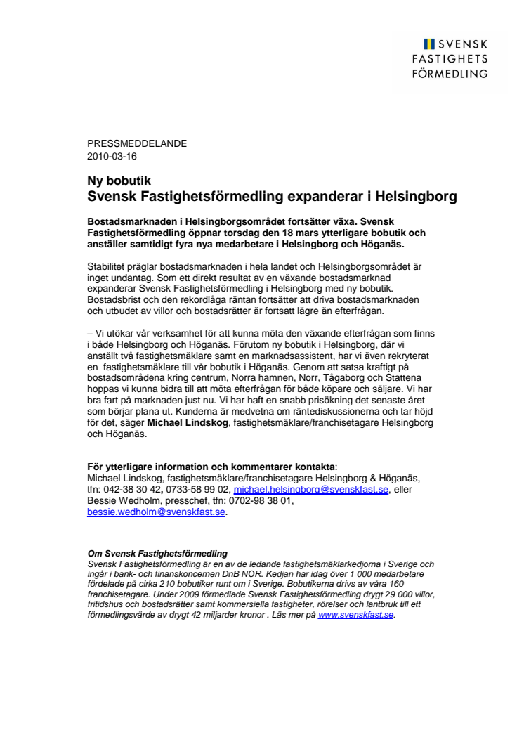 Pressmeddelande: Svensk Fastighetsförmedling expanderar i Helsingborg 