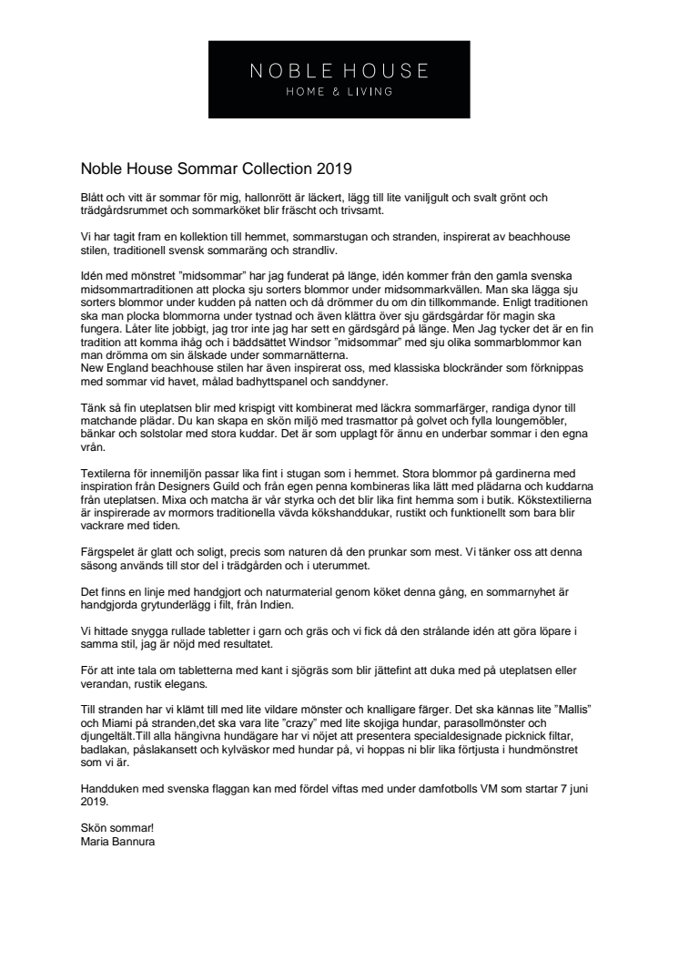 ​Noble House  Sommarkollektion 2019