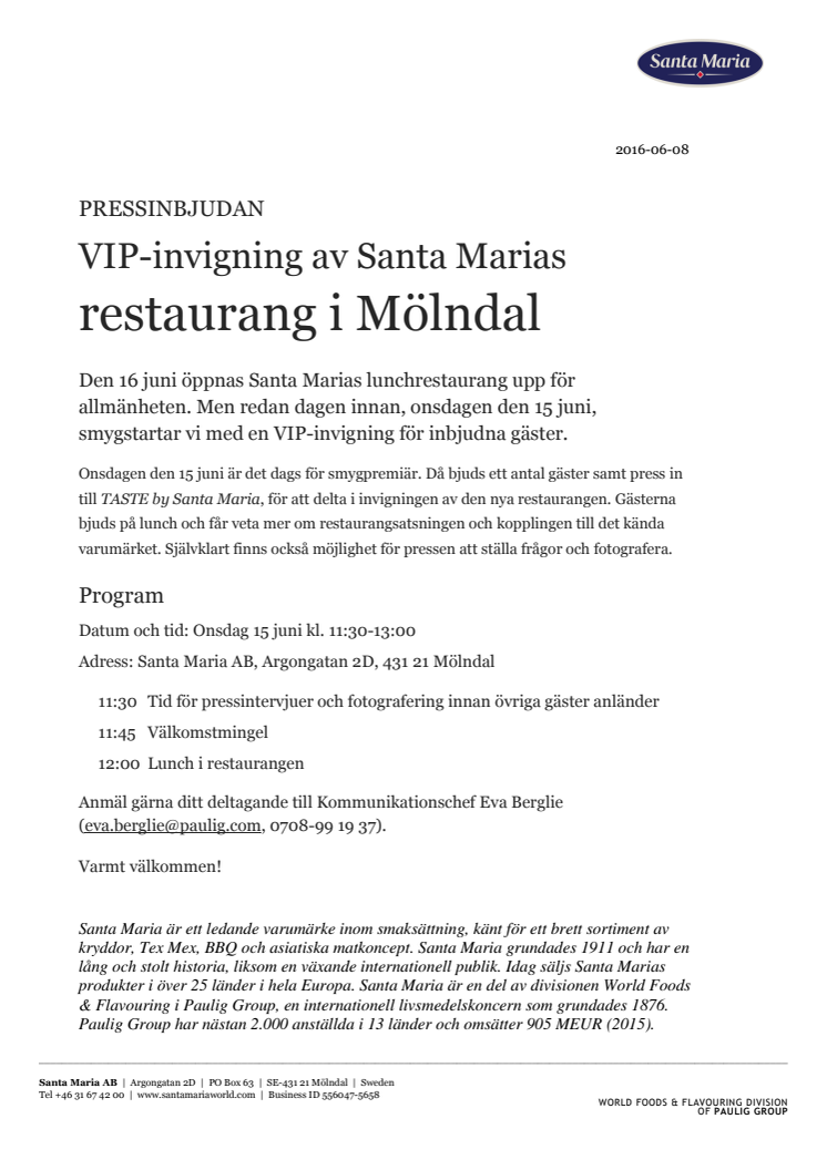 ​PRESSINBJUDAN: VIP-invigning av Santa Marias restaurang i Mölndal