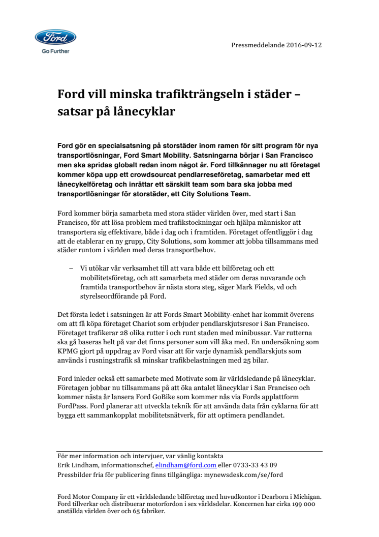 Ford vill minska trafikträngseln i städer – satsar på lånecyklar