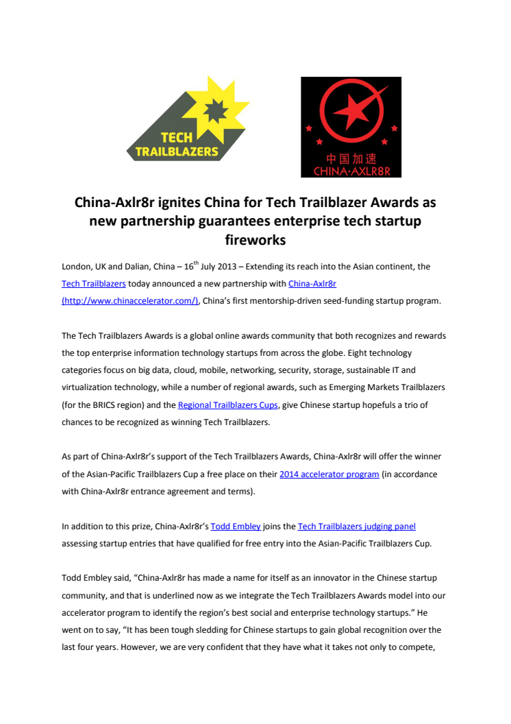 China-Axlr8r @chinaccelerator ignites China for Tech Trailblazer Awards as new partnership guarantees enterprise tech startup fireworks 