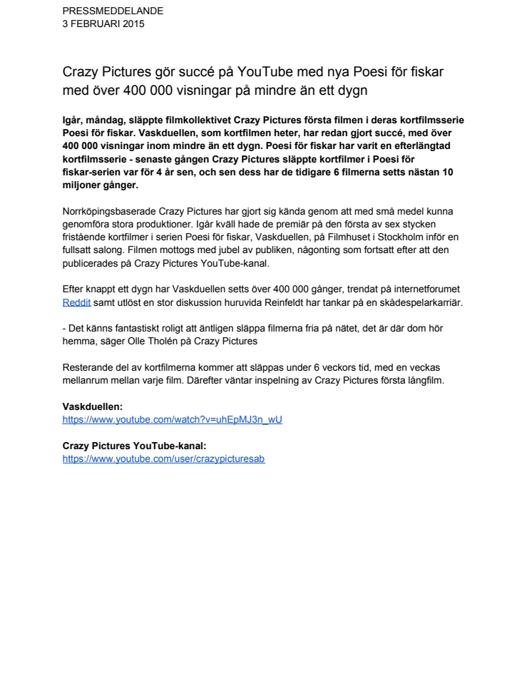 Crazy Pictures gör succé på YouTube med nya Poesi för fiskar med över 400 000 visningar på mindre än ett dygn