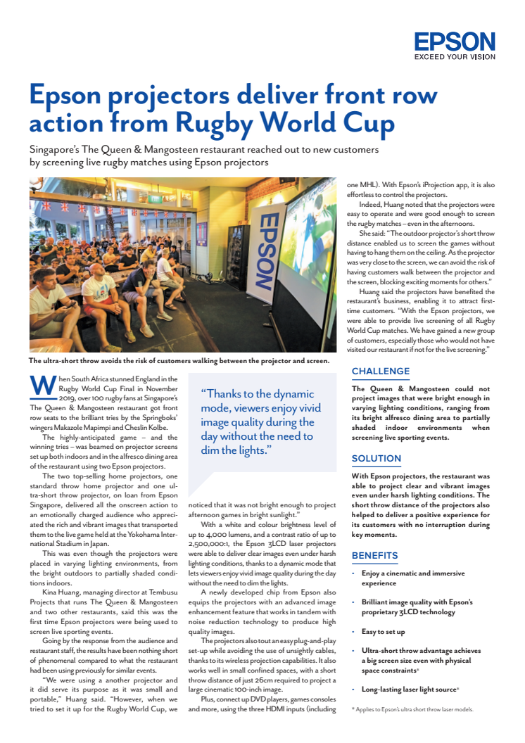 Epson projectors deliver front row action from Rugby World Cup