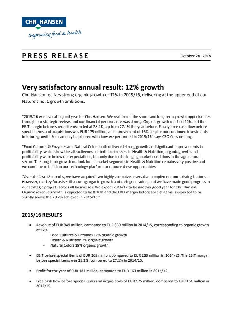Very satisfactory annual result: 12% growth 