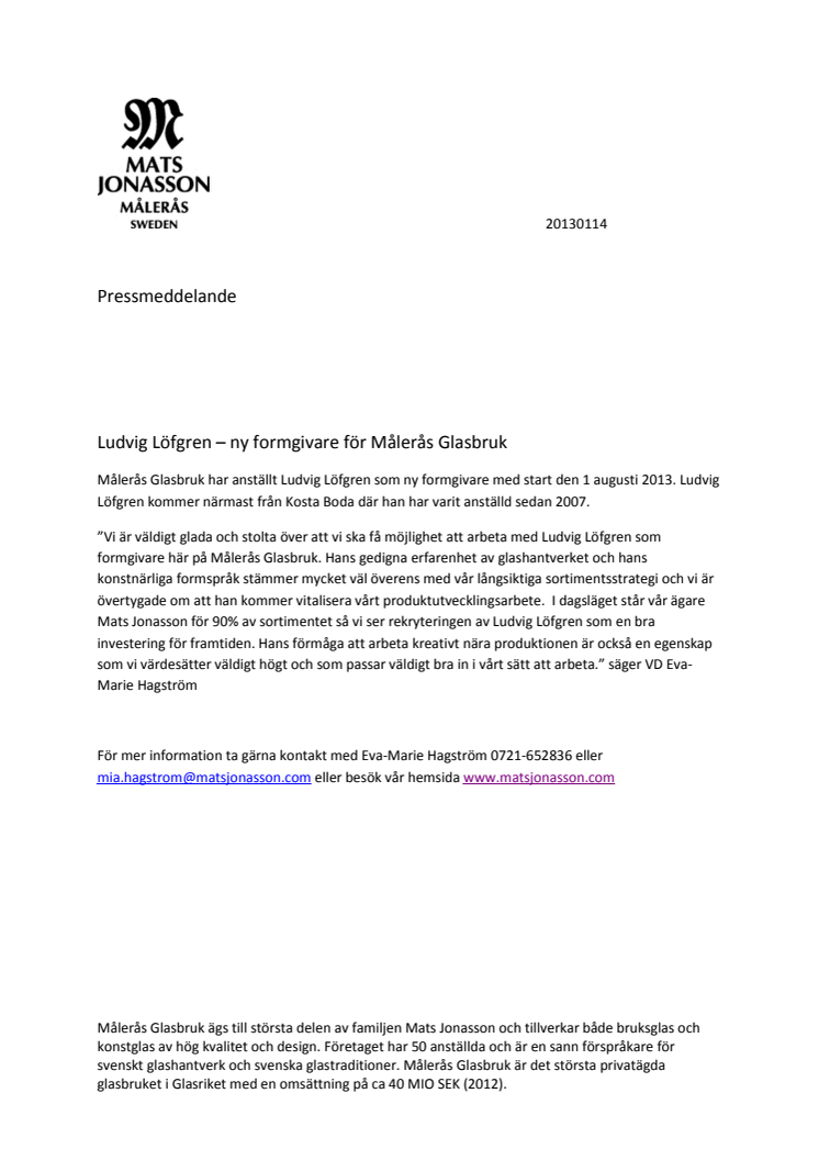 Ludvig Löfgren – ny formgivare för Målerås Glasbruk
