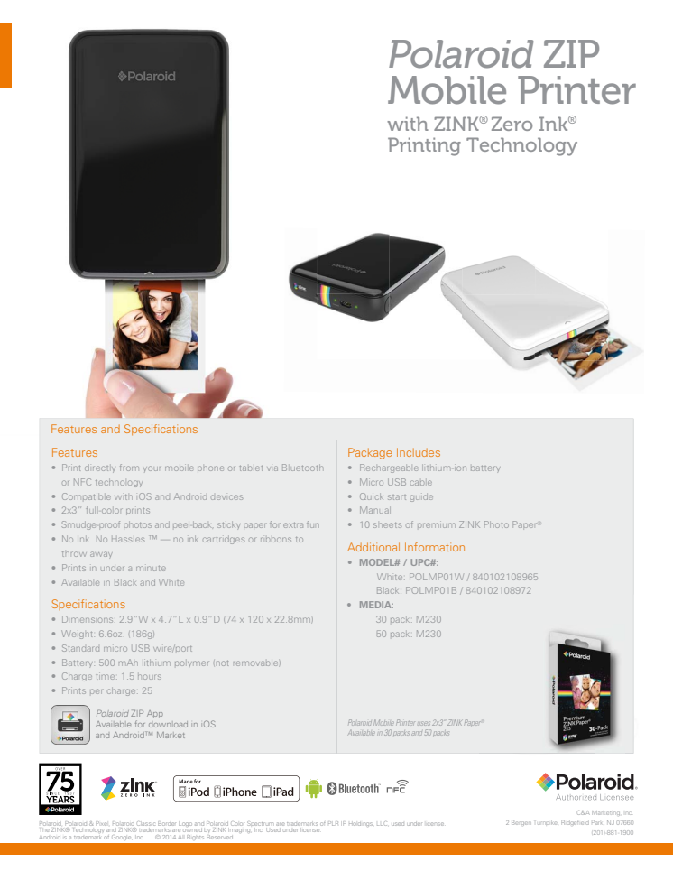 Polaroid ZIP printer, specifikationer