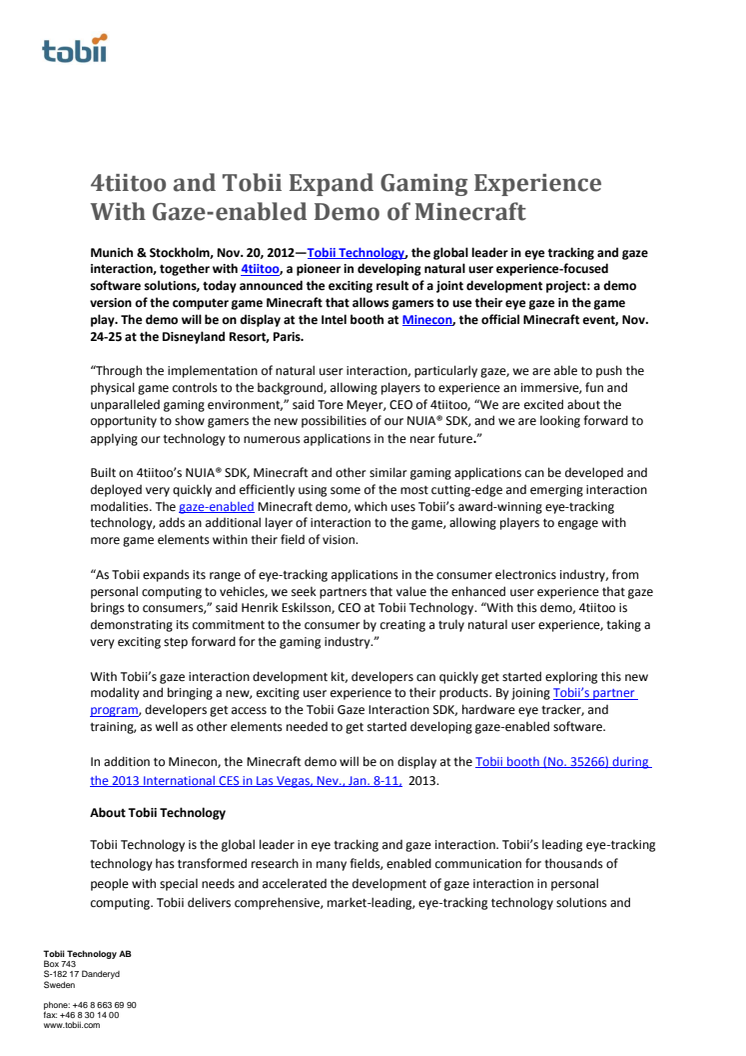 4tiitoo and Tobii Expand Gaming Experience With Gaze-enabled Demo of Minecraft