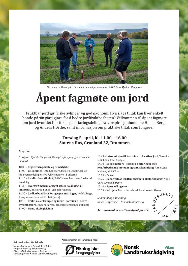 Program Åpent fagmøte om jord 5. april 2018 i Drammen