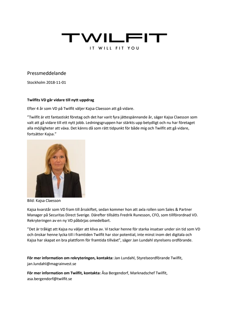 Twilfits VD går vidare till nytt uppdrag