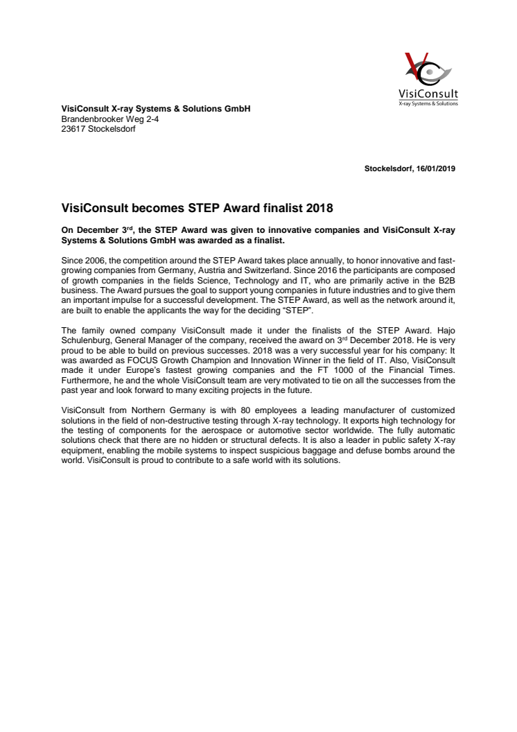 VisiConsult becomes STEP Award finalist 2018