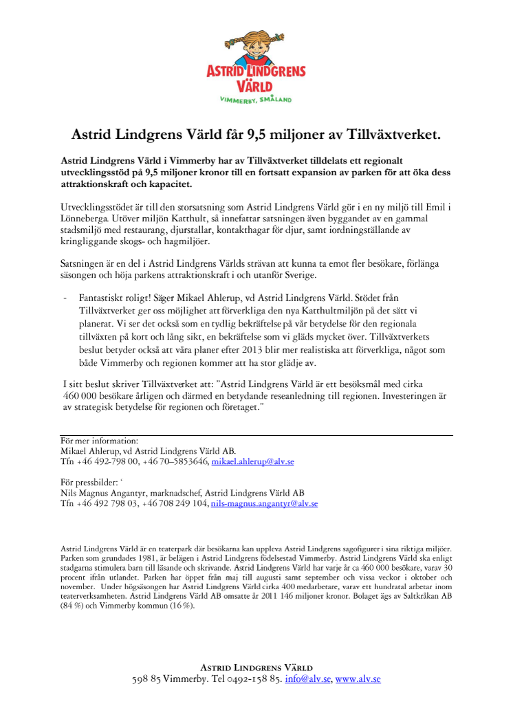 Astrid Lindgrens Värld får 9,5 miljoner av Tillväxtverket.