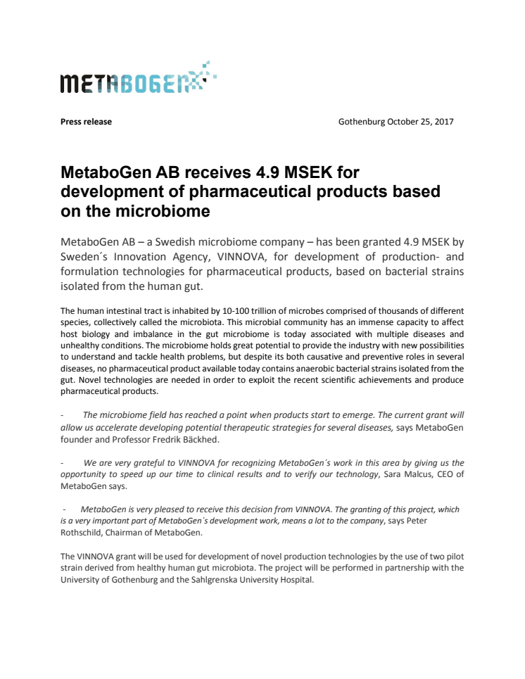 MetaboGen AB receives 4.9 MSEK for development of pharmaceutical products based on the microbiome