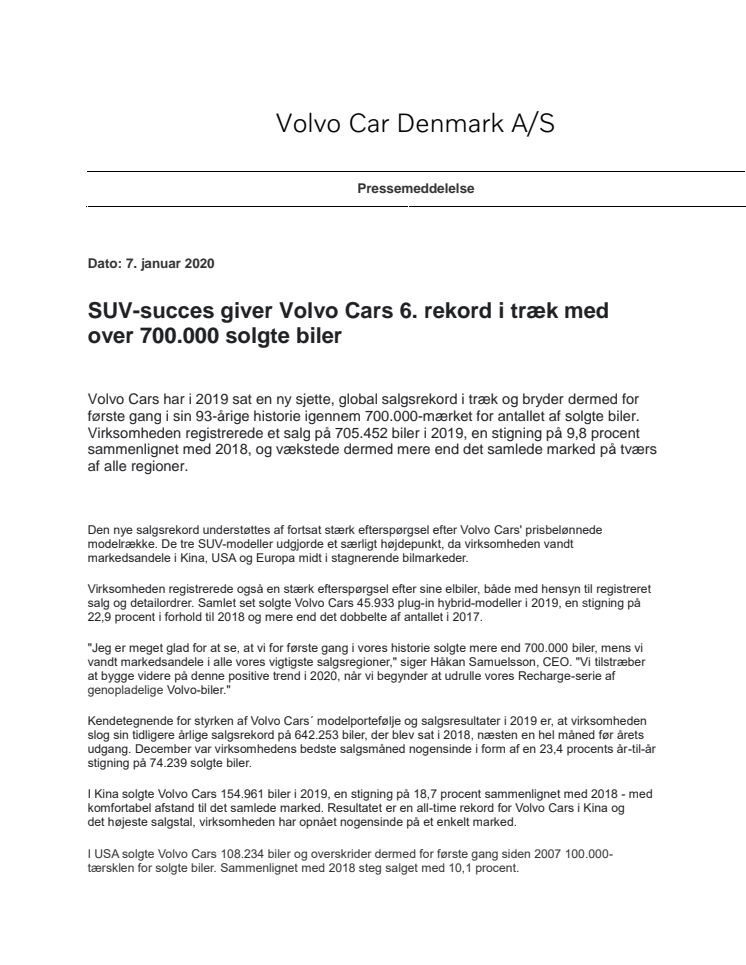 SUV-succes giver Volvo Cars 6. rekord i træk med over 700.000 solgte biler  