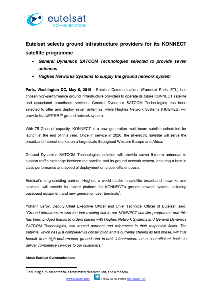 Eutelsat selects ground infrastructure providers for its KONNECT satellite programme 