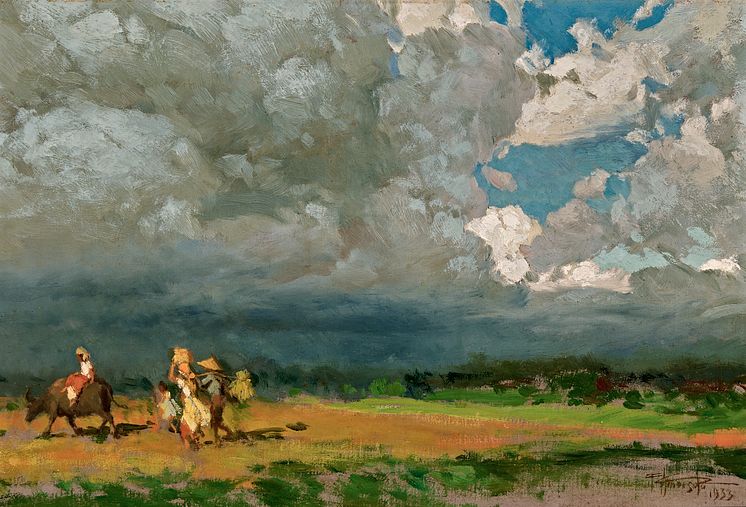 Fernando Amorsolo- Høstarbejdere på vej hjem fra marken. Optrækkende uvejr. Sign. Olie på lærred. 33 x 48..tif