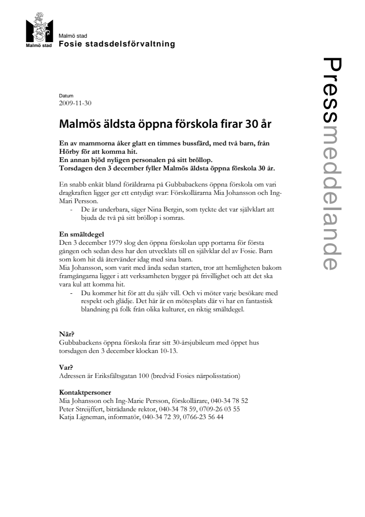 Malmös äldsta öppna förskola fyller 30 år