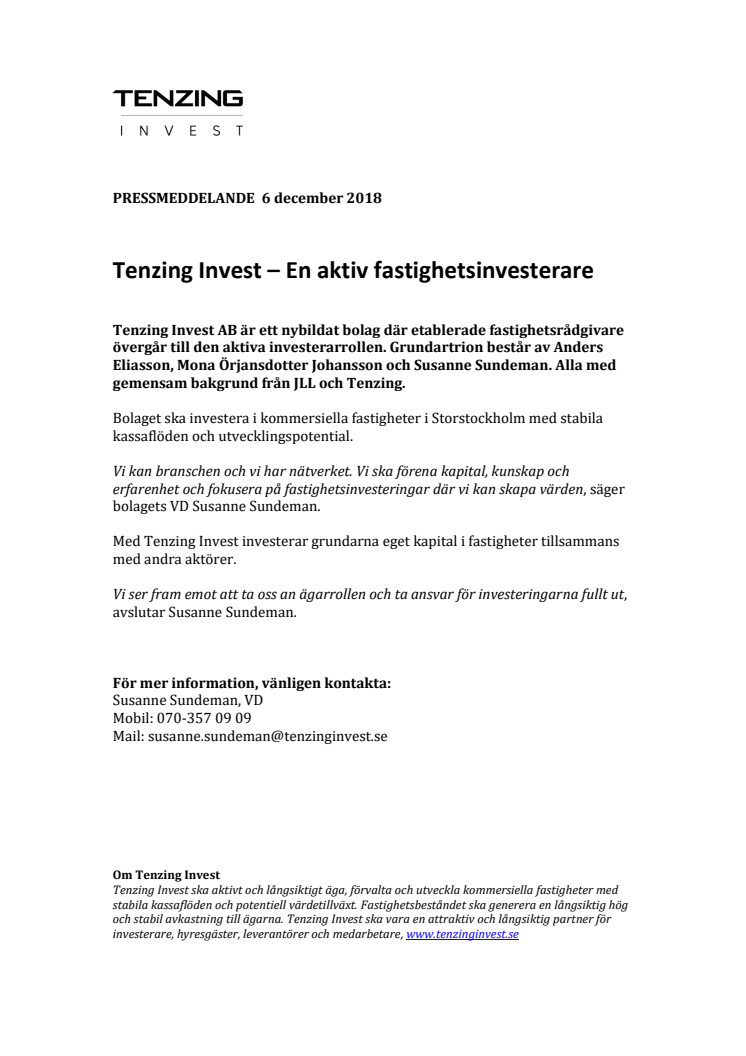 Tenzing Invest - En aktiv fastighetsinvesterare